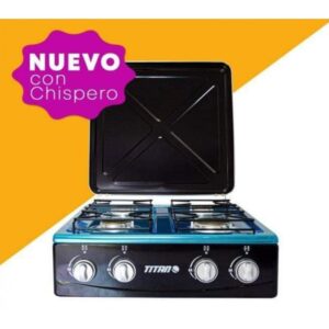 Estufa de Mesa TITAN de Gas | 4 hornillas | Color negro | Con Chispero