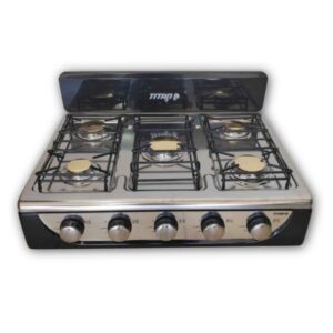 Estufa de Mesa TITAN de Gas | 5 hornillas | Con respaldo | Base de Acero Inx