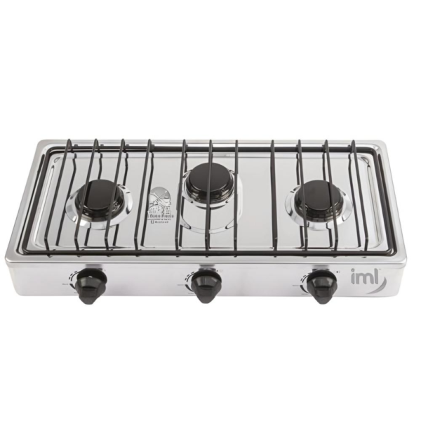 Estufa de Mesa IML a Gas | 3 Hornillas | Cuerpo y Cubierta de Acero Inoxidable
